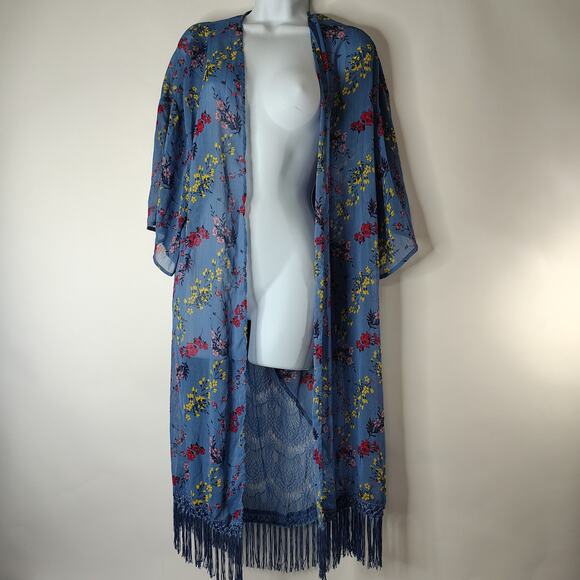 Blue Floral Open Front Kimono Cardigan w/‎ Fringe Hem & Lace Sheer Boho Cover Up - Picture 1 of 11